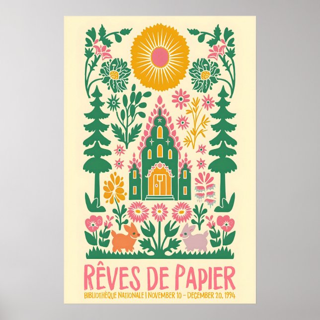 French Folk Art Print Floral Rabbit Exhibition Poster (Framsidan)