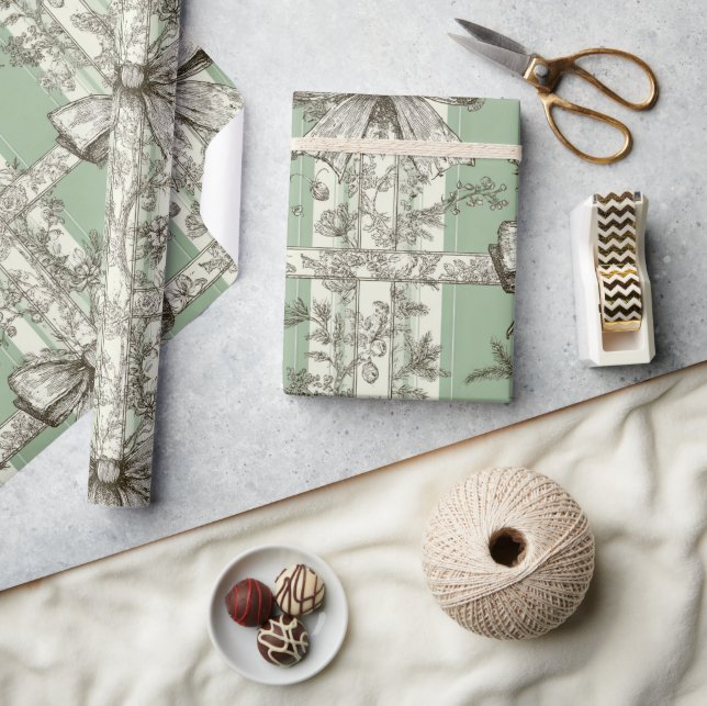 French Green Christmas Toile Bow Patterned Presentpapper (Hantverk)