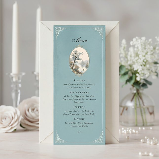 French Heron Dusty Blue Wedding Menu Meny (Skapare uppladdad)