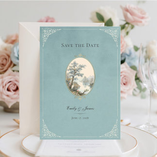 French Heron Dusty Blue Wedding Save The Date Card Spara Datumet