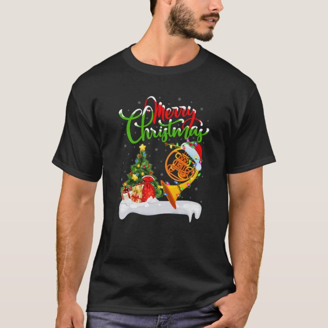 French Horn Lover Xmas Lighting Santa French Horn T Shirt (Framsida)