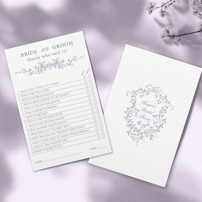 French Lavender 'Bride or Groom' Bridal Game  (Front & Back)