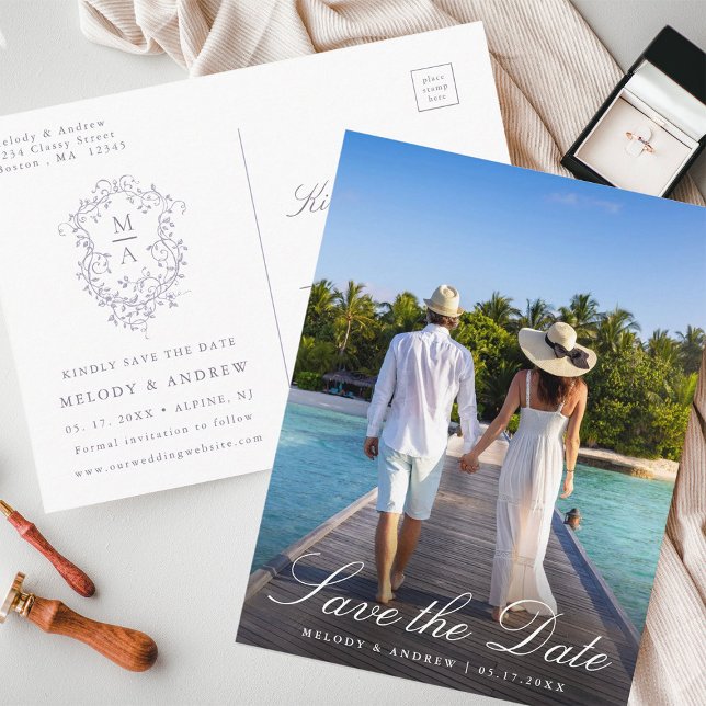 French Lavender Floral Crest Photo Save the Date Vykort (Front & Back)