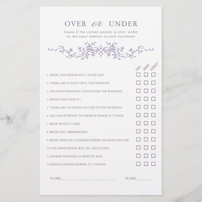 French Lavender 'Over or Under' Bridal Shower Game (Framsida)