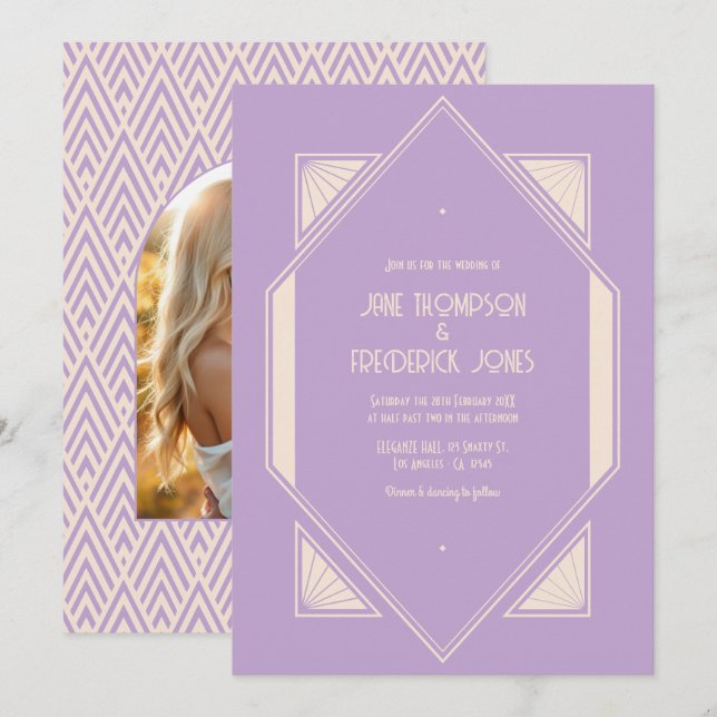 French Lilac & Champagne Art Deco Wedding Photo Inbjudningar (Fram/baksida)