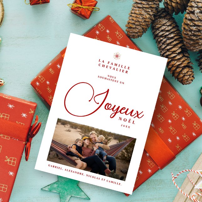 French Modern Joyeux Noël Snowflake Photo Holiday  Julkort (French Modern Joyeux Noël Snowflake Photo in Red and faux Gold Holiday Card with Envelope. )