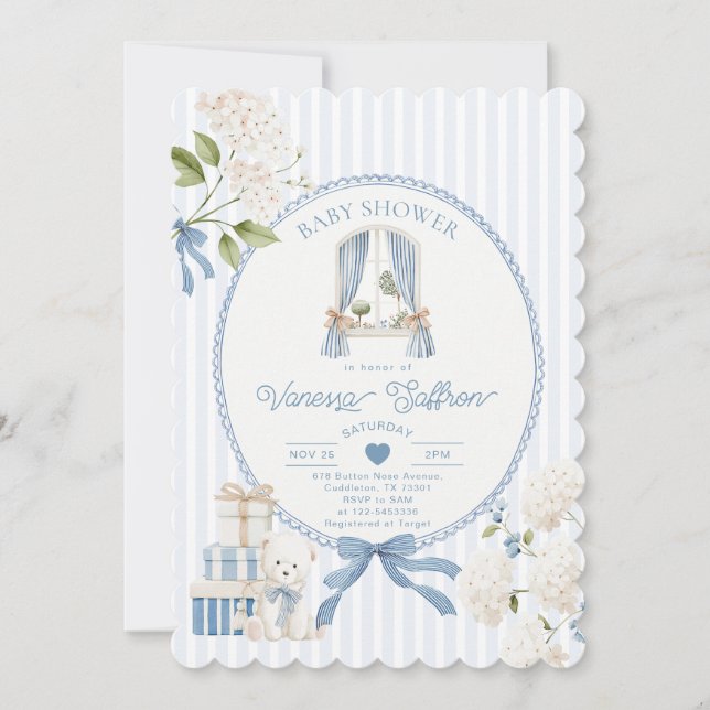 French Nursery Baby Boy Shower Coquette Stripe Bow Inbjudningar (Framsida)