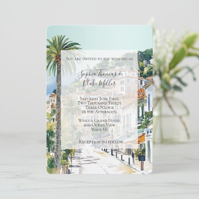 French Riviera Beach Coastal Town Wedding Inbjudningar (Stående Fram)