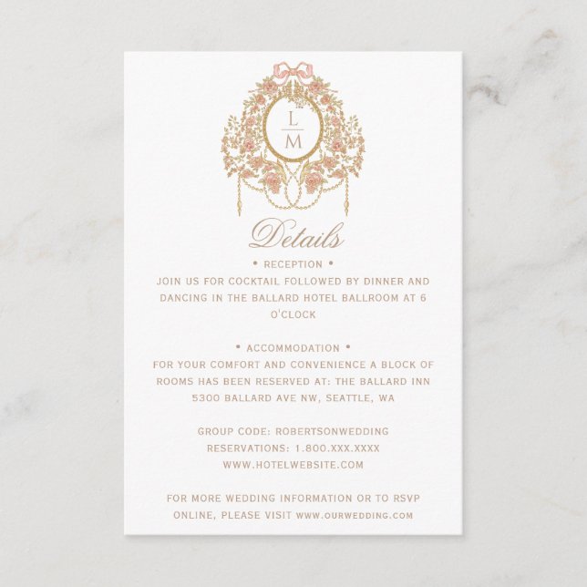 French Rococo Rose Monogram Wedding Tilläggskort (Framsida)