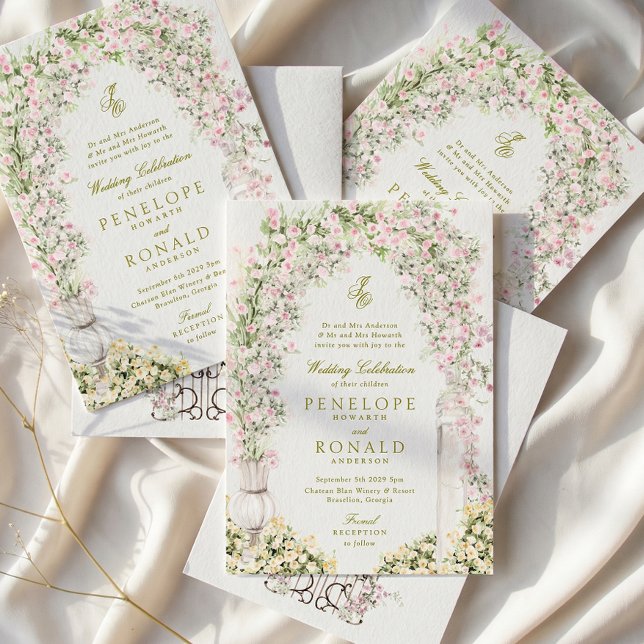 french romantic garden arch monogram royal wedding inbjudningar (Skapare uppladdad)