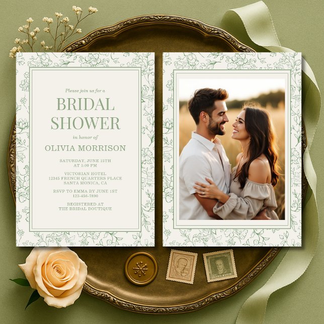French Sage Green Ivory Photo Bridal Shower Inbjudningar (Skapare uppladdad)