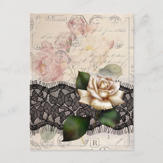 french scripts black lace victorian white rose vykort (Framsida)