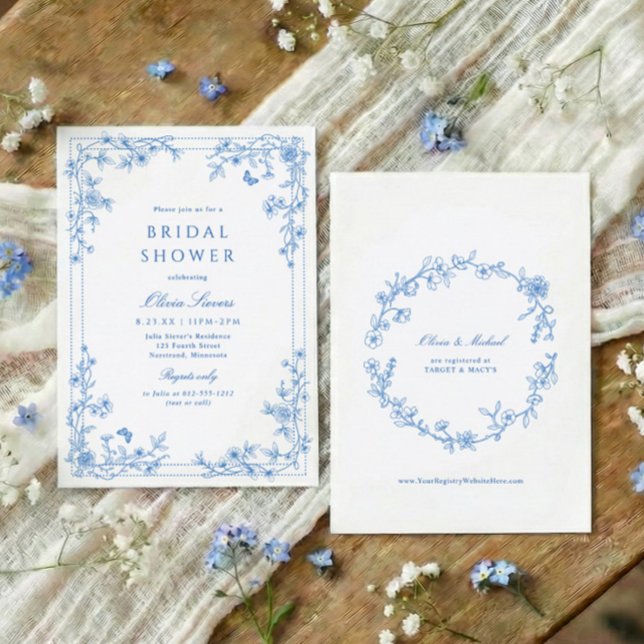 French Toile Chinoise Blue and White Bridal Shower Inbjudningar (Blue and white wildflower bridal shower invitation with French vintage toile corner florals)