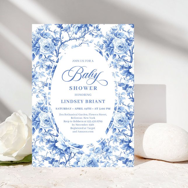 French Toile de Jouy Blue Roses Baby Shower Invite Inbjudningar (French Toile de Jouy Blue Roses Baby Shower Invitation)