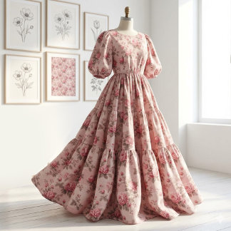 French Toile de Jouy Pink Floral Rococo Rose Theme Tyg