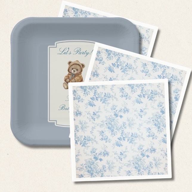 French Toile Dusty Blue Floral Baby Shower Pappersservett (Skapare uppladdad)
