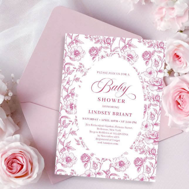 French Toile Roses Dusty Pink Baby Shower Invite Inbjudningar (French Toile Roses Dusty Pink Baby Shower Invitation)