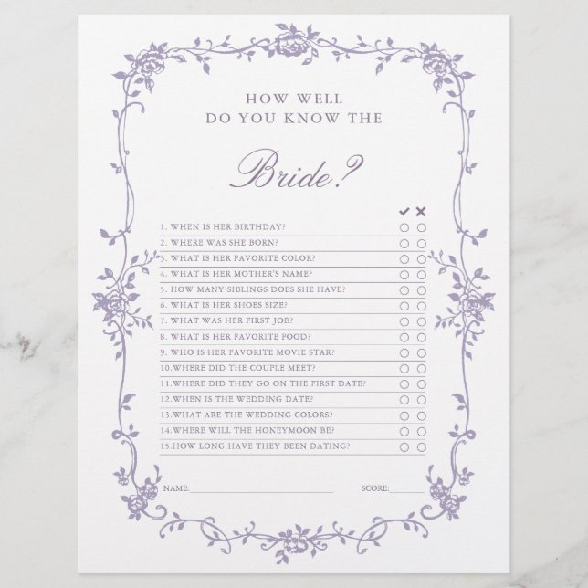 French Victorian Lavender Bridal Shower Game (Framsida)