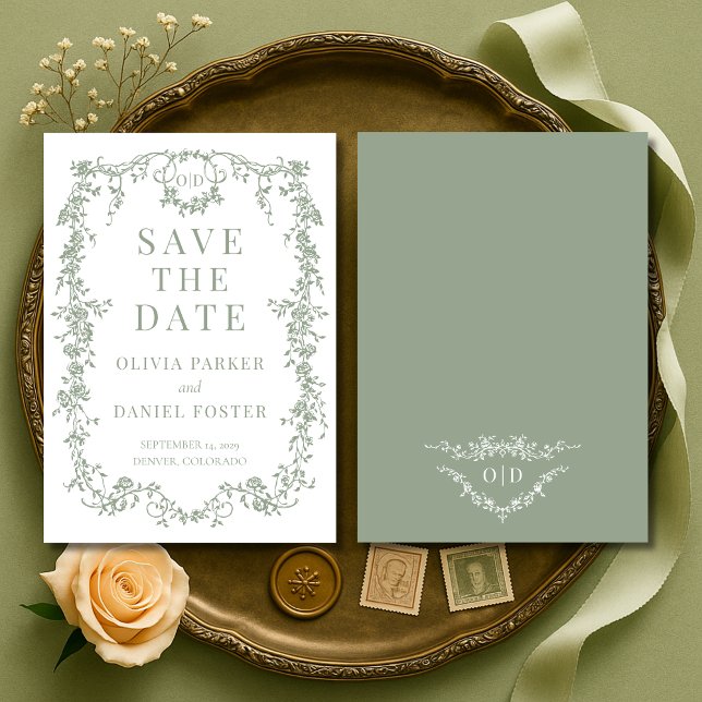 French Victorian Sage Green Wedding Save the Date Spara Datumet (Skapare uppladdad)