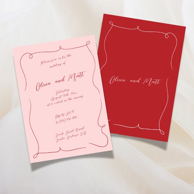 French Whimsy Script Wedding Invite Red Pink Inbjudningar (French Whimsy Script Wedding Invite Red Pink)