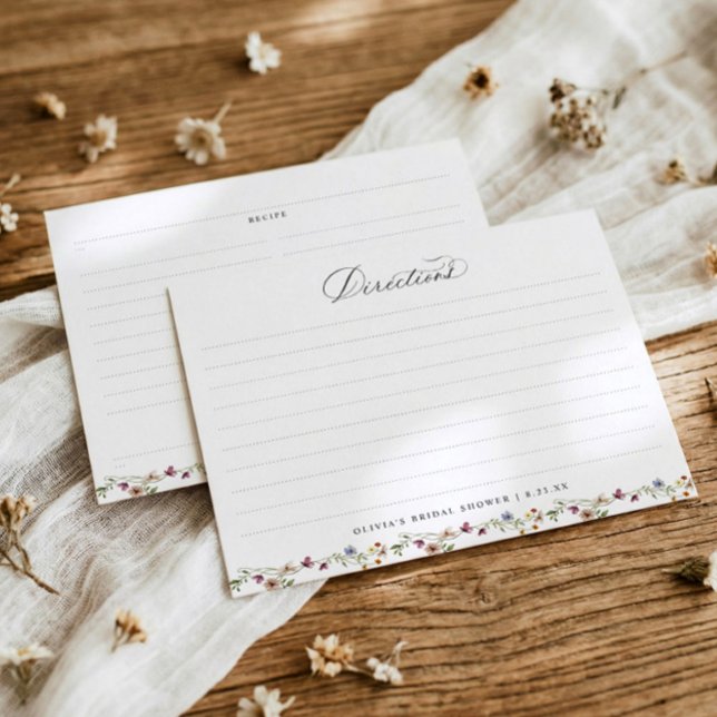 French Wildflowers Botanical Bridal Shower Recipe Tilläggskort (Bridal shower recipe cards with watercolor wildflowers and elegant French botanical floral design)