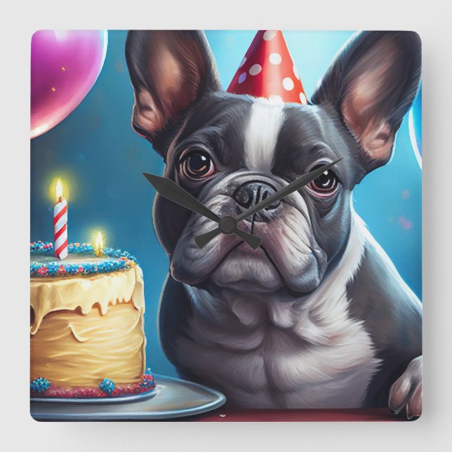 Frenchie Birthday Bash: A Cute Fransk Bulldog Fyrkantig Klocka (Framsida)