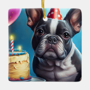 Frenchie Birthday Bash: A Cute Fransk Bulldog Julgransprydnad Keramik