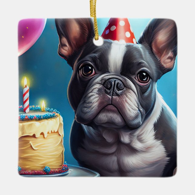 Frenchie Birthday Bash: A Cute Fransk Bulldog Julgransprydnad Keramik (Framsida)