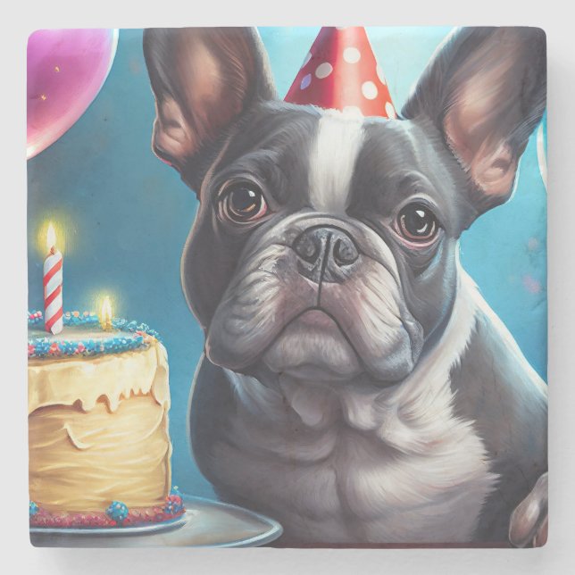 Frenchie Birthday Bash: A Cute Fransk Bulldog Stenunderlägg (Framsidan)