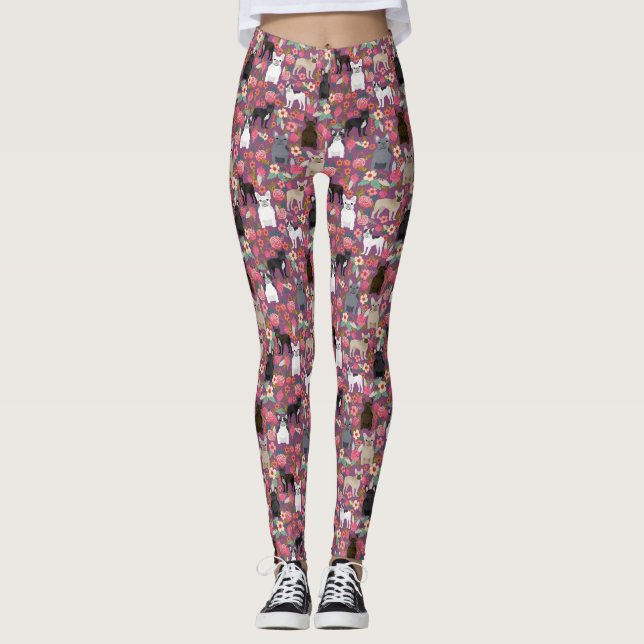Frenchie blom- damasker - fransk bulldogg leggings (Framsida)