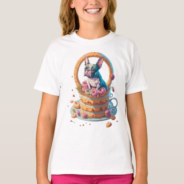 Frenchie Cake Break - Fransk bulldog på en mugg-ka T Shirt (Framsida)