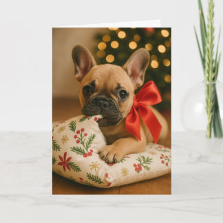 Frenchie Christmas Card – Puppy on Pillow Kort