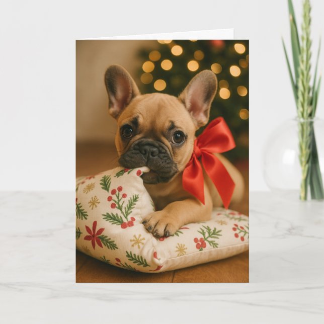 Frenchie Christmas Card – Puppy on Pillow Kort (Framsida)