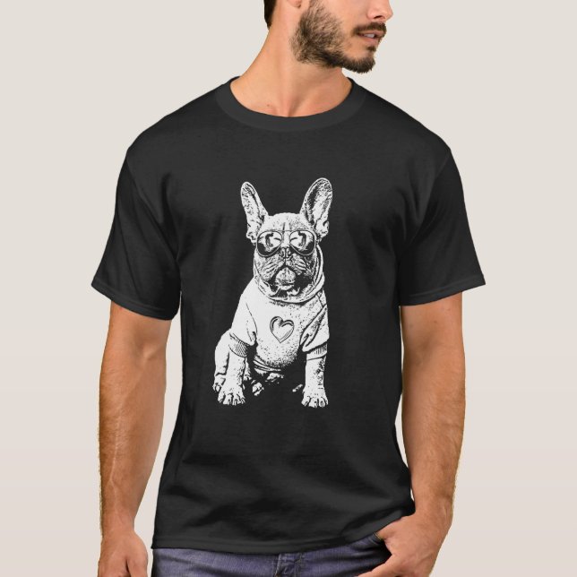 Frenchie Dog Sunglasses Cool Black White Dog Motif T Shirt (Framsida)