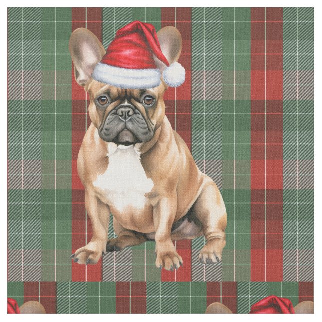 Frenchie Dog with a Red Green Plaid Holiday Fabric Tyg (Närbild)