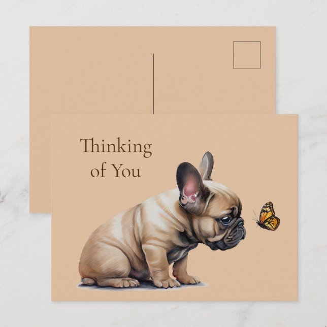 Frenchie & Fjäril Tänker på dig Vykort (Fram/baksida)