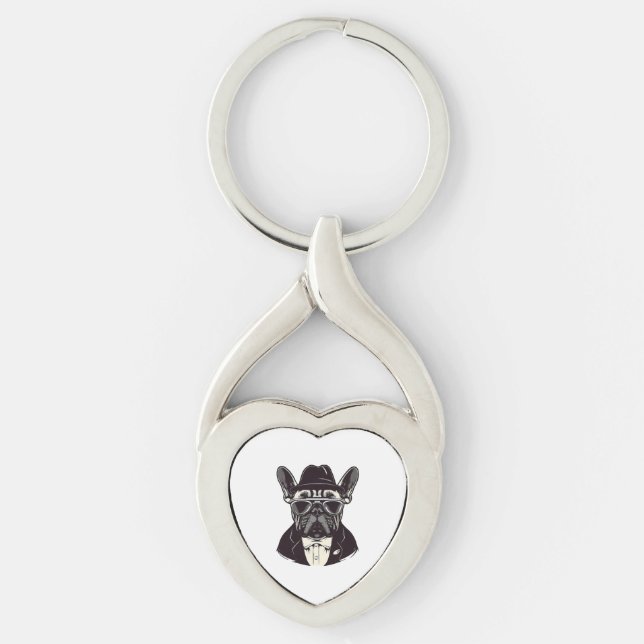 Frenchie Gangster Twisted Heart Silverfärgad Nyckelring (Framsidan)
