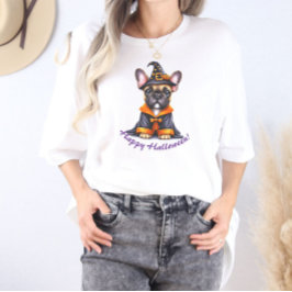 Frenchie Halloween Purple Robe Witchy Hat T Shirt
