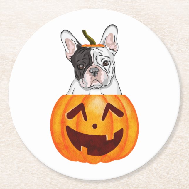 Frenchie Halloween Underlägg Papper Rund (Framsidan)