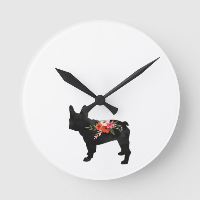 Frenchie Hund aveln Boho Blommigt Silhouette Rund Klocka (Framsida)