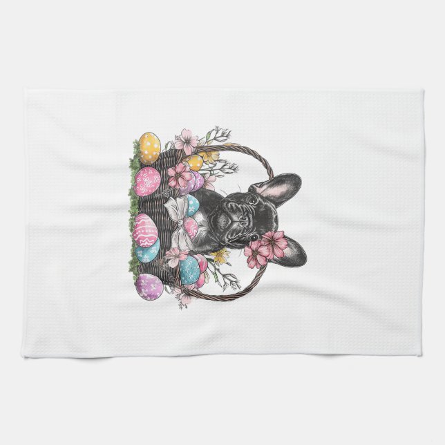 Frenchie Hund Påsk Frenchie Hund Ägg Konst T-Shirt Kökshandduk (Horisontell)
