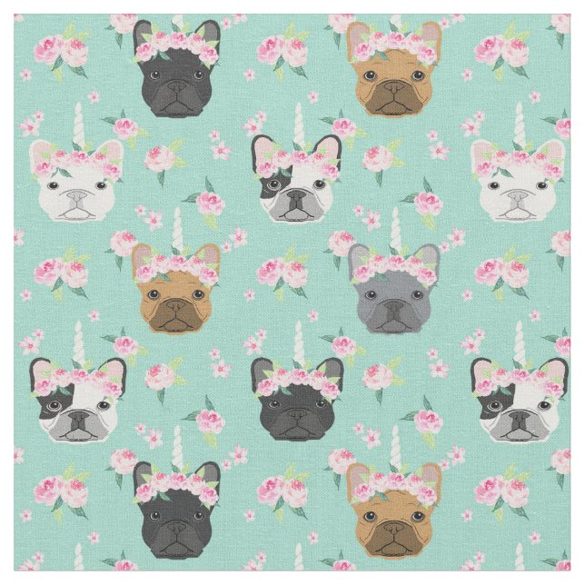 Frenchie Hundar Unicorn Flower Krona pastel mint Tyg (Närbild)