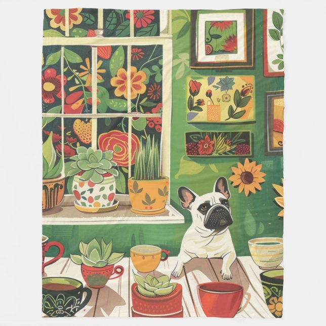 Frenchie i Boho Garden Tea Room Fleecefilt (Framsidan)