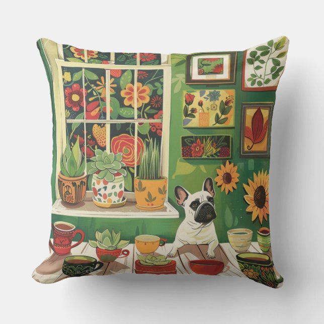 Frenchie i Boho Garden Tea Room Kudde (Framsida)
