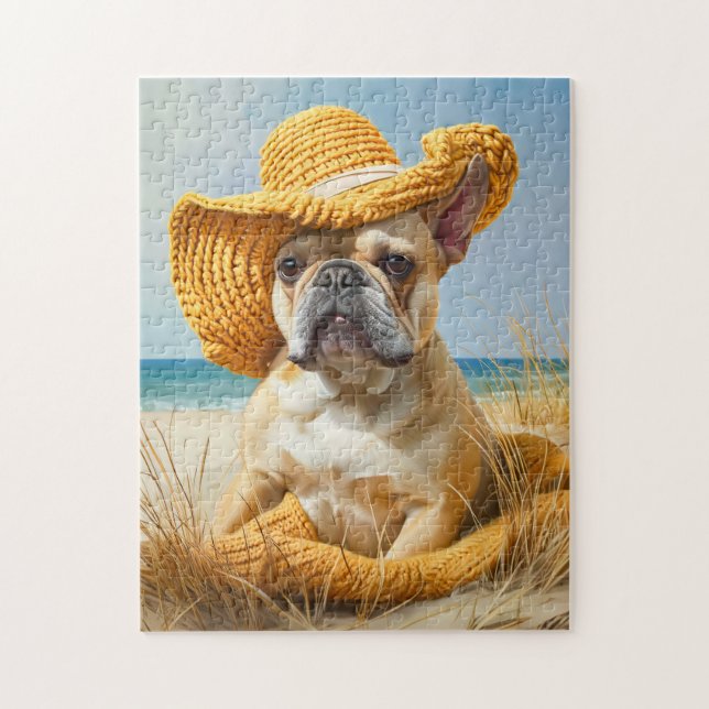 Frenchie In Summer Beach Hat Pussel (Vertikal)