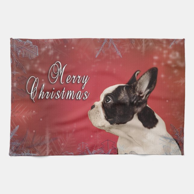 Frenchie julkort kökshandduk (Horisontell)