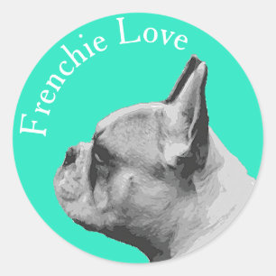 Frenchie Kärlek / Fransk Bulldog Färgad i Aqua Runt Klistermärke