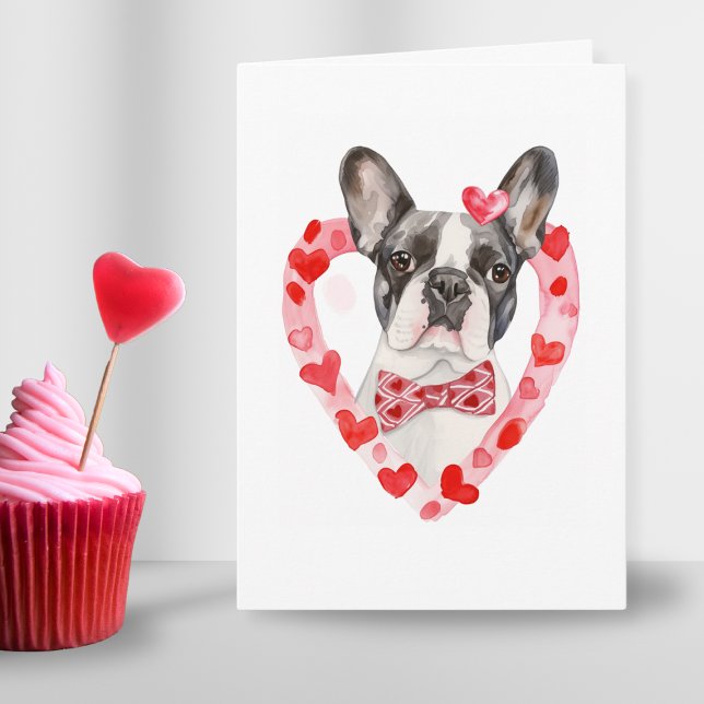 Frenchie Mamma Valentines day Hund Kärlek Heart Sö Helgkort (cute cheeky french bulldog wearing bowtie in pink red in heart frame for valentines day dog mom dad)