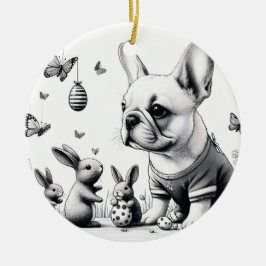 Frenchie och bunnies julgransprydnad keramik