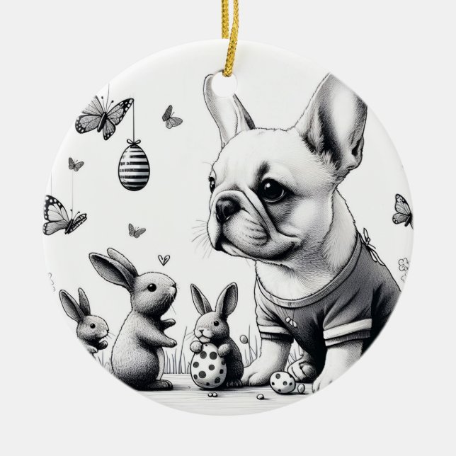 Frenchie och bunnies julgransprydnad keramik (Framsidan)